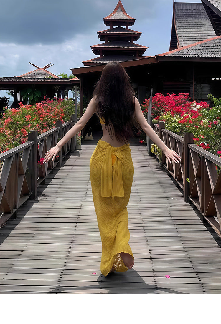 Bikini Swimsuit Women's 2026 New Thai Beautiful Yellow Split Three-piece Sexy Long Dress Island Holiday Style