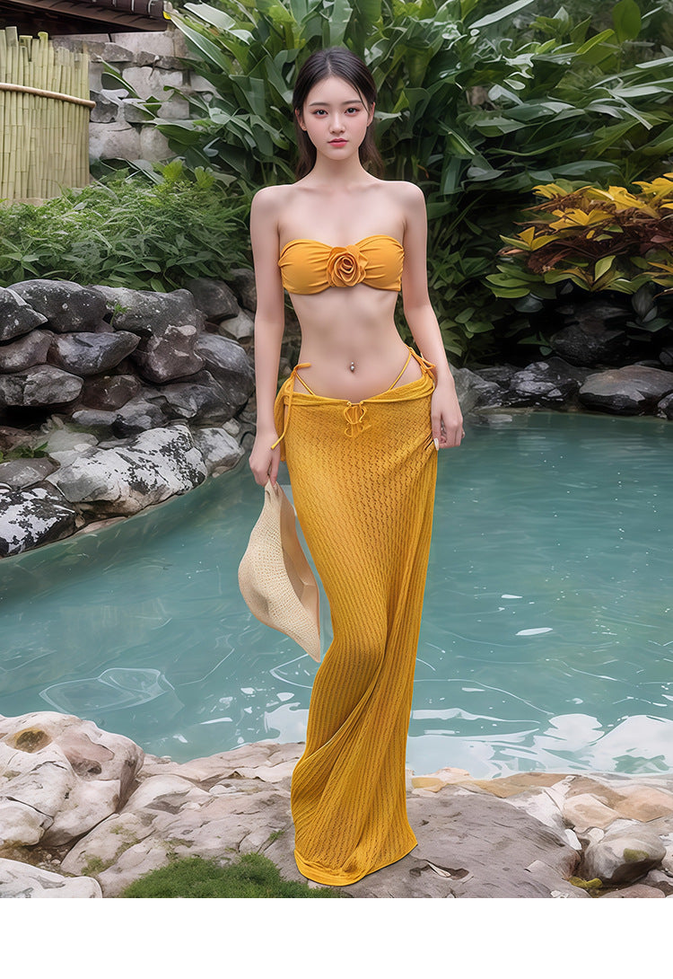 Bikini Swimsuit Women's 2026 New Thai Beautiful Yellow Split Three-piece Sexy Long Dress Island Holiday Style