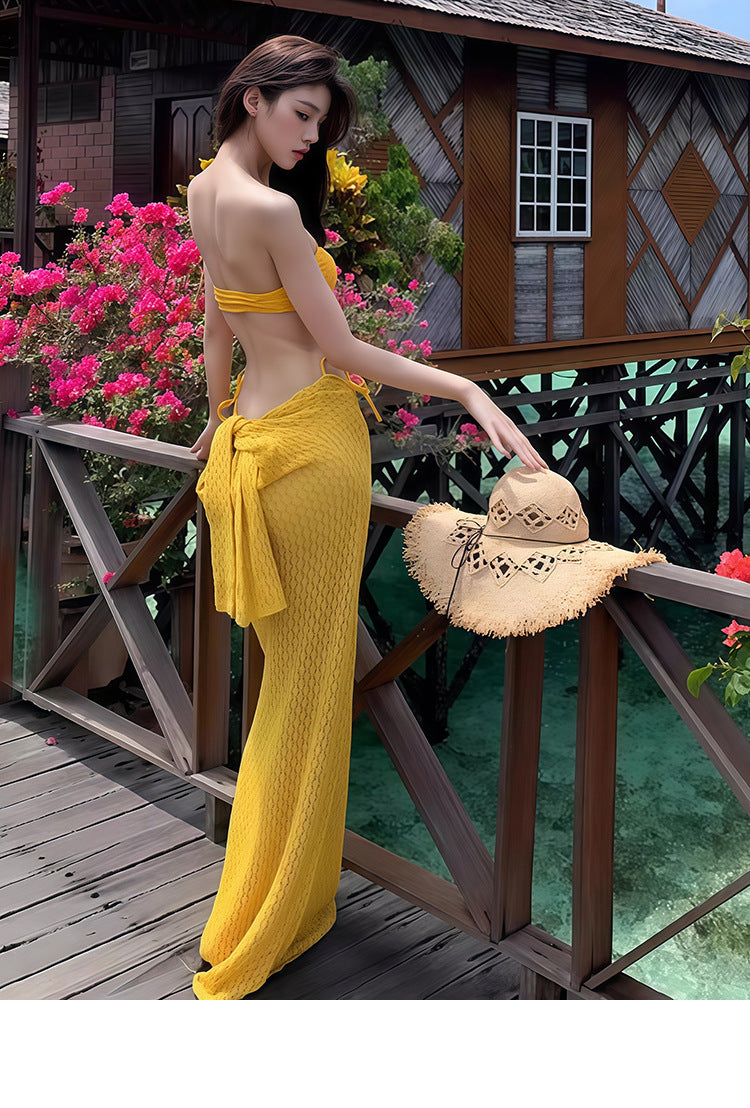 Bikini Swimsuit Women's 2026 New Thai Beautiful Yellow Split Three-piece Sexy Long Dress Island Holiday Style