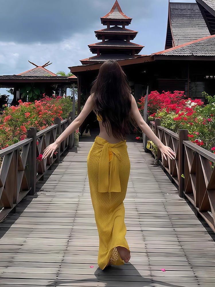Bikini Swimsuit Women's 2026 New Thai Beautiful Yellow Split Three-piece Sexy Long Dress Island Holiday Style