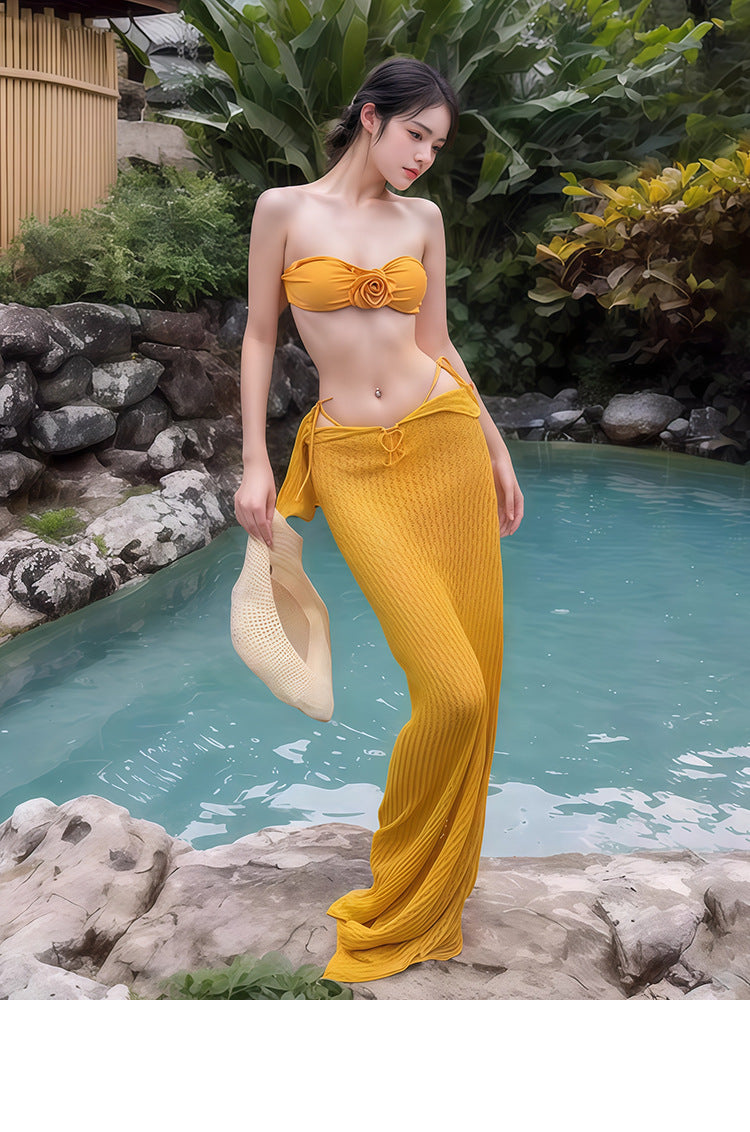 Bikini Swimsuit Women's 2026 New Thai Beautiful Yellow Split Three-piece Sexy Long Dress Island Holiday Style
