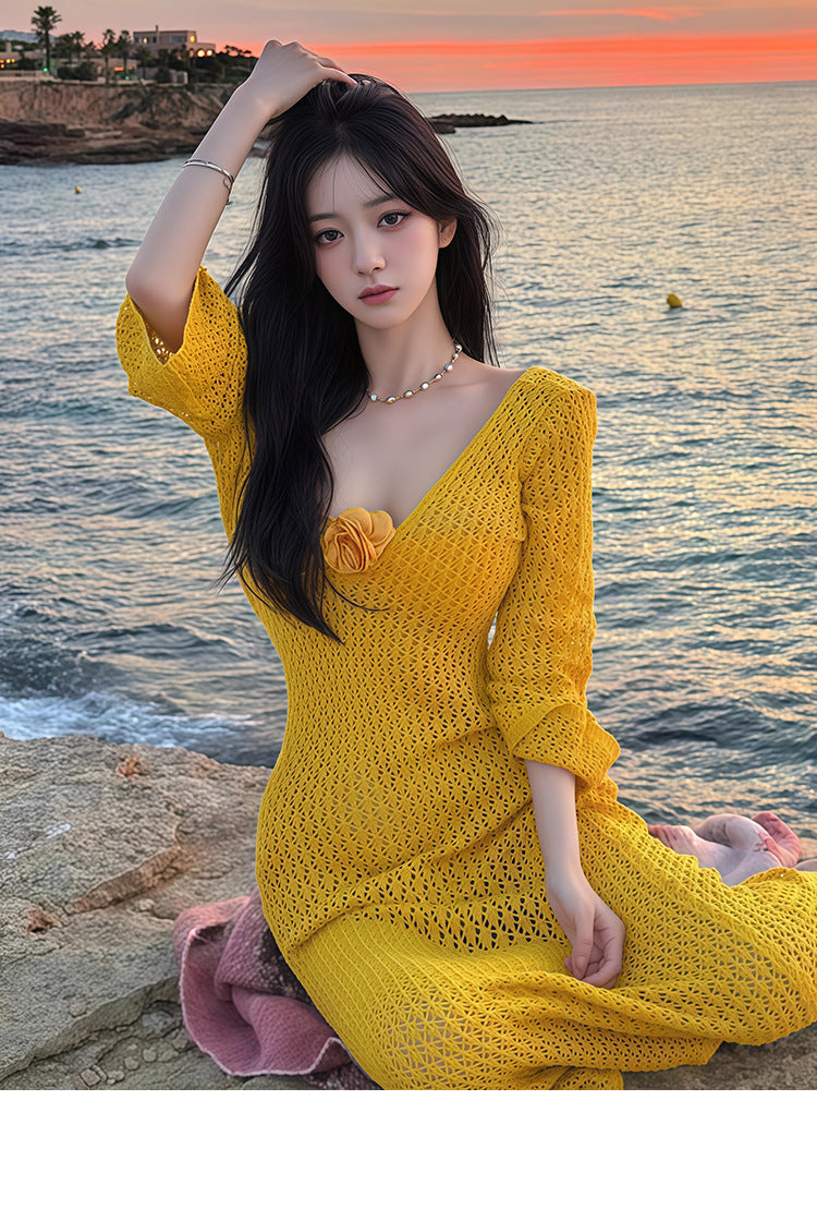Bikini Swimsuit Women's 2026 New Thai Beautiful Yellow Split Three-piece Sexy Long Dress Island Holiday Style