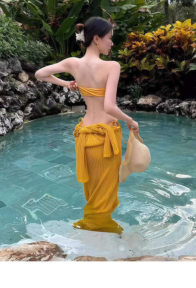 Bikini Swimsuit Women's 2026 New Thai Beautiful Yellow Split Three-piece Sexy Long Dress Island Holiday Style